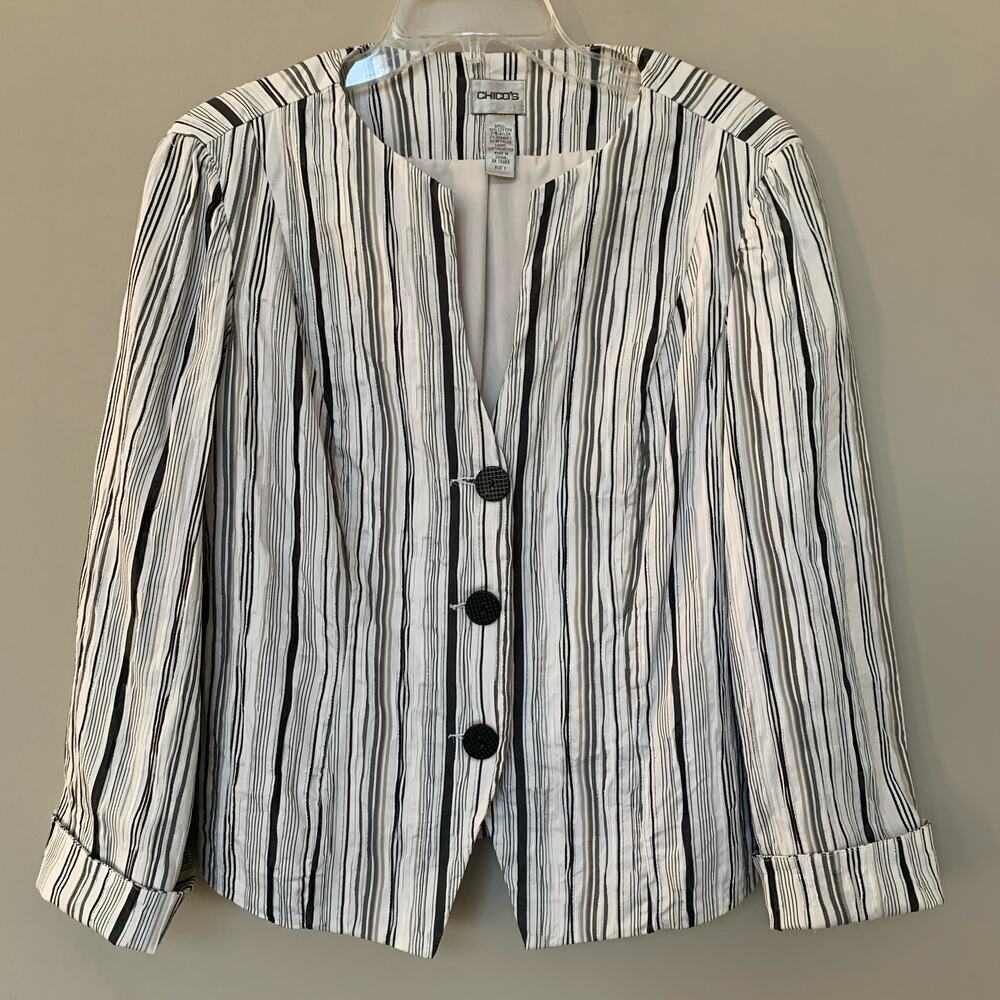 Chico's striped jacket button front cuffed long sleeves fully lined size Medium